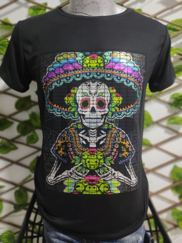 playera negra, con imagen día de muertos 001