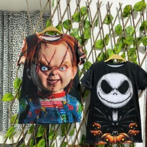 playera negra infantil día chucky o calavera con calabazas