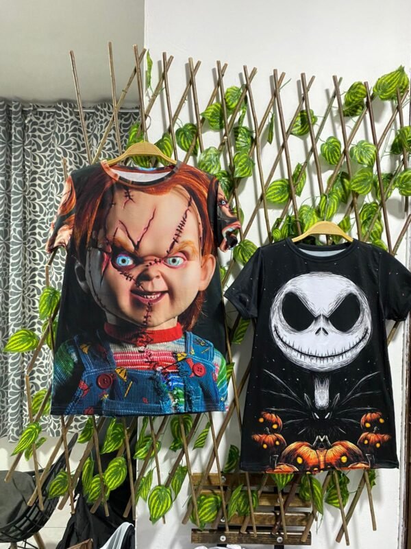 playera negra infantil día chucky o calavera con calabazas